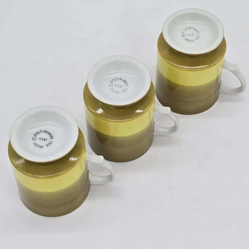 3 Vintage Holt Howard 1966 Green Striped Footed Coffee Mugs Cups Japan 7931 - Picture 4 of 5